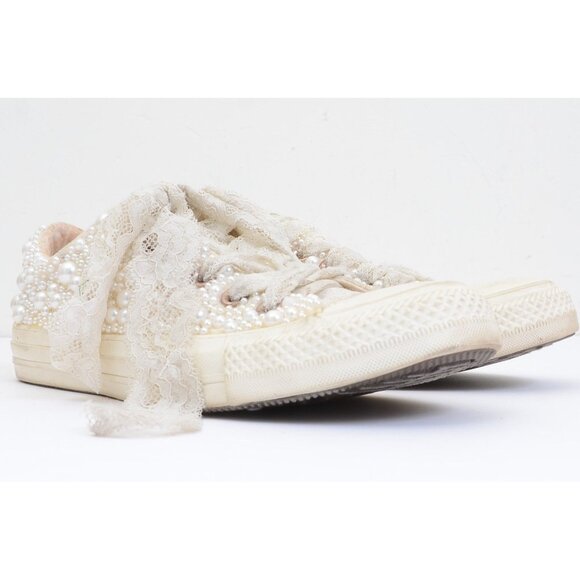 Converse Custom Pearl Lace Ribbon Wedding Bridal Sneakers Women's 8 Beachy - Picture 2 of 11